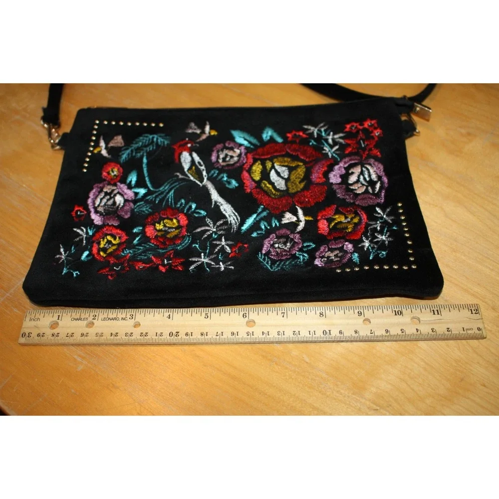 Black Embroidered Crossbody Bag Floral Bird Unbranded Adjustable Velvet Purse